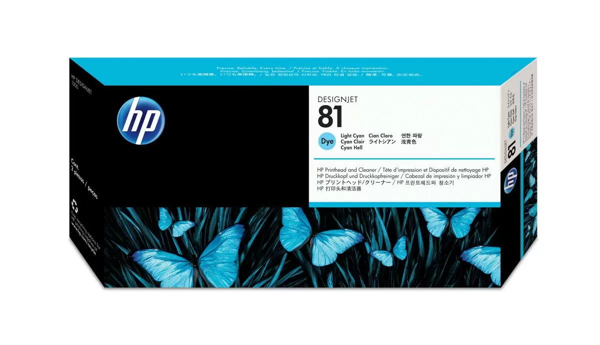 слайд 1 из 1,крупное изображение, hp 81, печатающая головка designjet для чернил на основе красителя, светло-голубая, со средством очистки