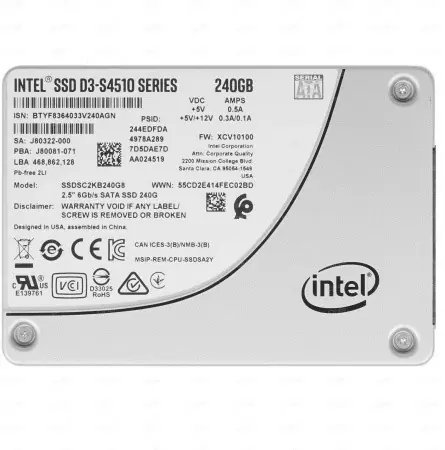 Intel SSD D3-S4510 Series, 240GB, 2.5" 7mm, SATA3, TLC, R/W 560/280MB/s, IOPs 90 000/16 000, TBW 900, DWPD 2 (12 мес.) в Москве