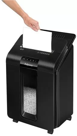 Шредер Fellowes® AutoMax® 100M Шредер Fellowes® AutoMax® 100M, минирезка DIN P-4, 4х10 мм, автоподача 100 лст., 23 лтр., автореверc, шт дешево