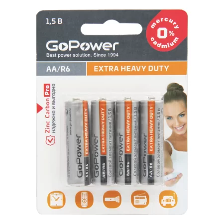 Батарейка GoPower R6 AA BL4 Heavy Duty 1.5V (4/48/576) блистер (4 шт.) на заказ