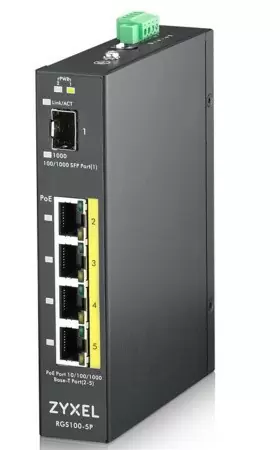Коммутатор/ ZYXEL RGS100-5P, 5 Port unmanaged PoE Switch, 120 Watt PoE, DIN Rail, IP30, 12-58V DC недорого