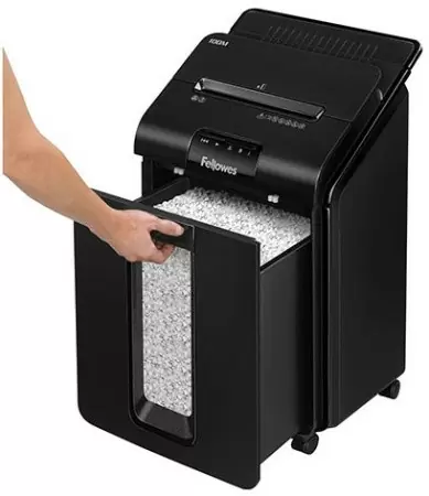 Шредер Fellowes® AutoMax® 100M Шредер Fellowes® AutoMax® 100M, минирезка DIN P-4, 4х10 мм, автоподача 100 лст., 23 лтр., автореверc, шт на заказ