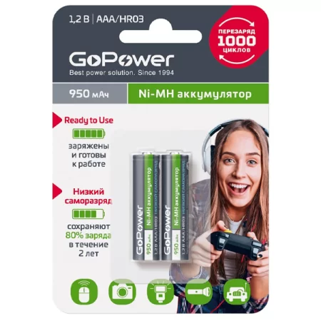 Аккумулятор предзаряженный RTU GoPower HR03 AAA BL2 NI-MH 950mAh (2/20/320) блистер (2 шт.) в Москве