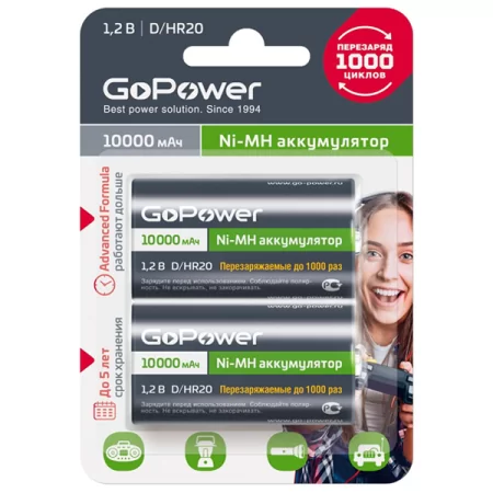 Аккумулятор бытовой GoPower HR20 D BL2 NI-MH 10000mAh (2/12/96) блистер (2 шт.) в Москве