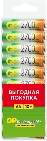 Перезаряжаемые аккумуляторы GP 270AAHC AA, мин. ёмкость 2600 мАч - 10 шт. пластиковый бокс в Москве