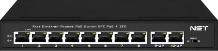 Passive PoE коммутатор Fast Ethernet на 10 портов. Порты: 8 х FE (10/100 Base-T, 52V 4,5(+) 7,8(–)) совместимы с PoE (IEEE 802.3af/at), 2 x FE (10/100 Base-T) Uplink. Совместим со стандартами PoE IEEE 802.3af/at. Мощность PoE на порт - до 30W. Поддержка р в Москве